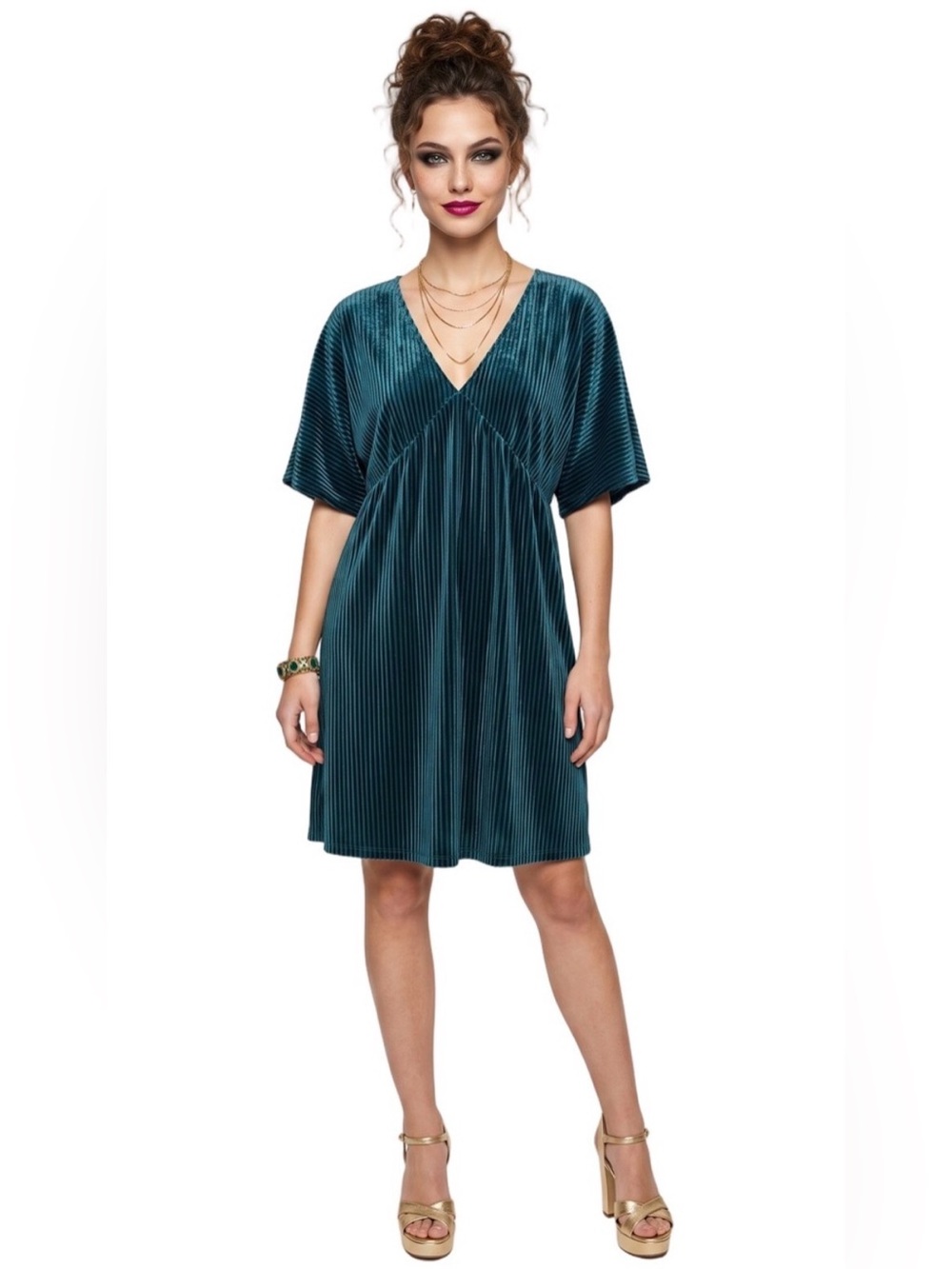 CES FEMME Emerald Green Velvet V neck Shortsleeve Mini Dress Kimono Minimalist - Picture 7 of 14